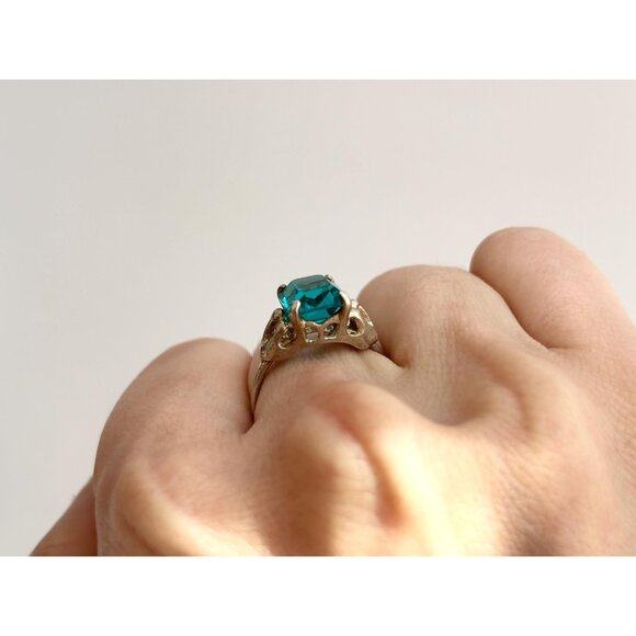 Sarah Coventry Teal Tourmaline Emerald Cut 925 Sterling Silver Vintage Ring sz 7 - Picture 10 of 12